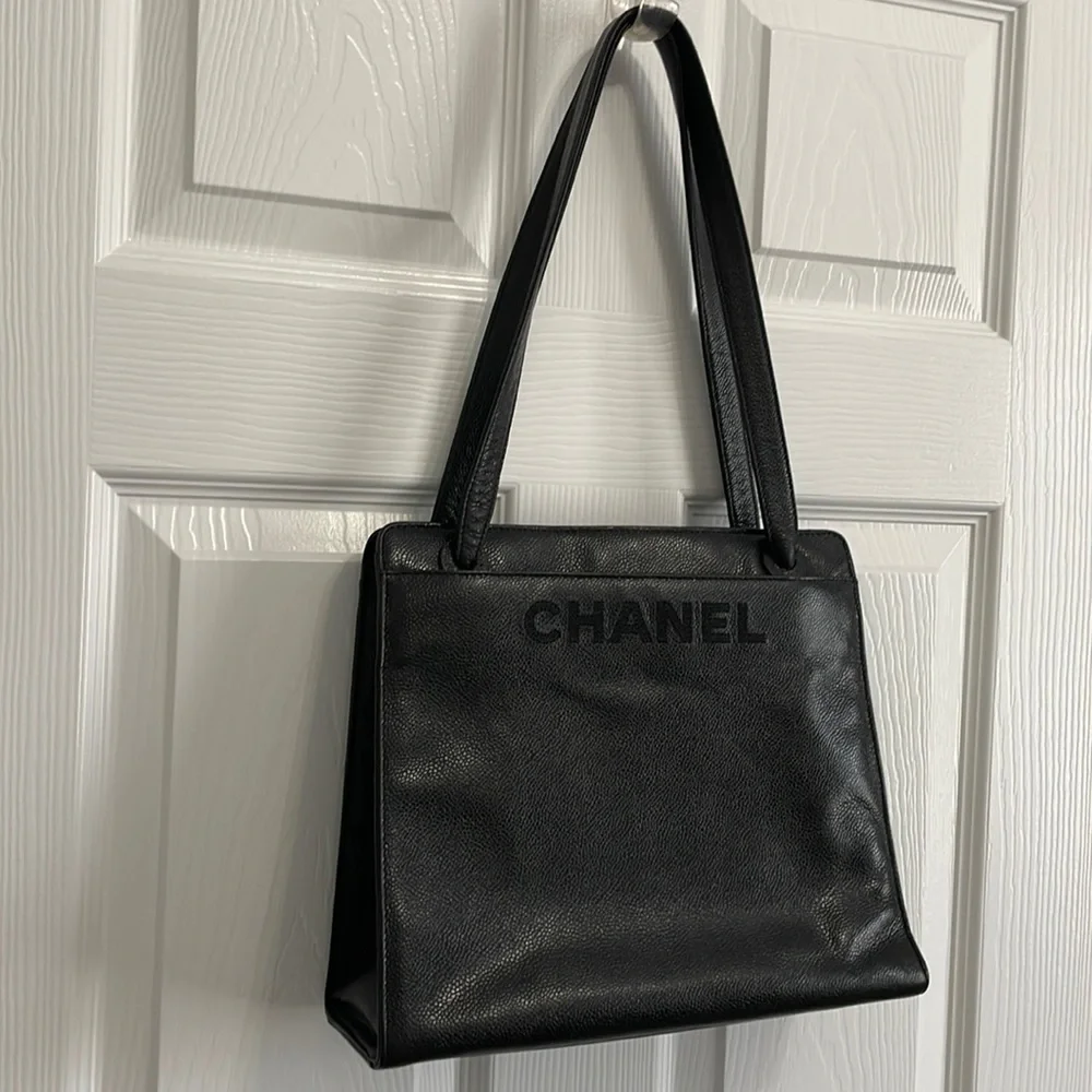 CHANEL Caviar Embroidered Logo Shoulder Bag